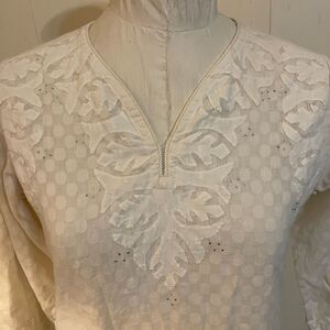 FABINDIA APPLIQUE Long KURTA Cream Cotton Silver Trim S